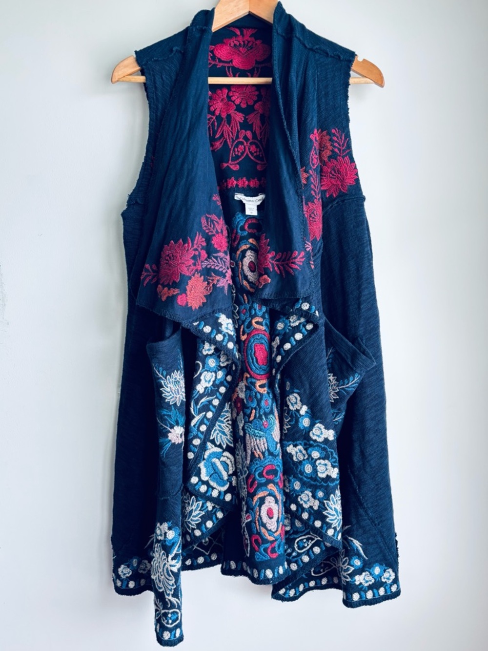 Coldwater Creek Embroidered Navy Sleeveless Duster Vest Medium